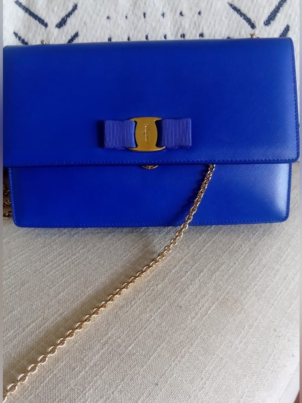 Salvatore Ferragamo Blue and Gold Clutch with Bow Detail